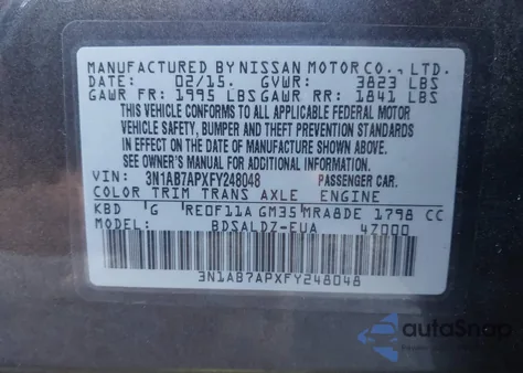 2015 Nissan Sentra Fe+ S/S/Sl/Sr/Sv from USA, damaged, VIN 3N1AB7APXFY248048